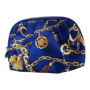 NWOT Estee Lauder Makeup Bag Cosmetic Case Royal Blue Gold Chain Design Zip